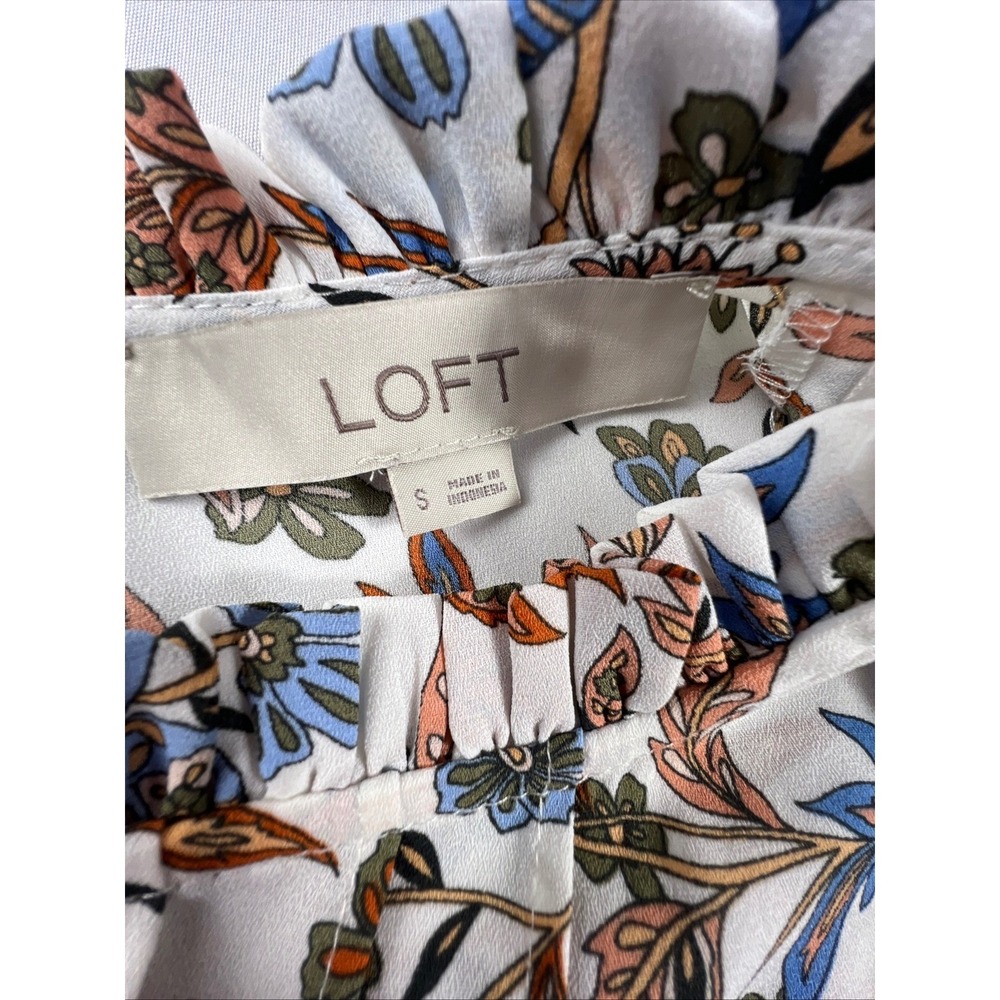 LOFT Womens Floral Ruffle Neck Blouse Small Long Sleeve Keyhole Top White - Picture 3 of 13